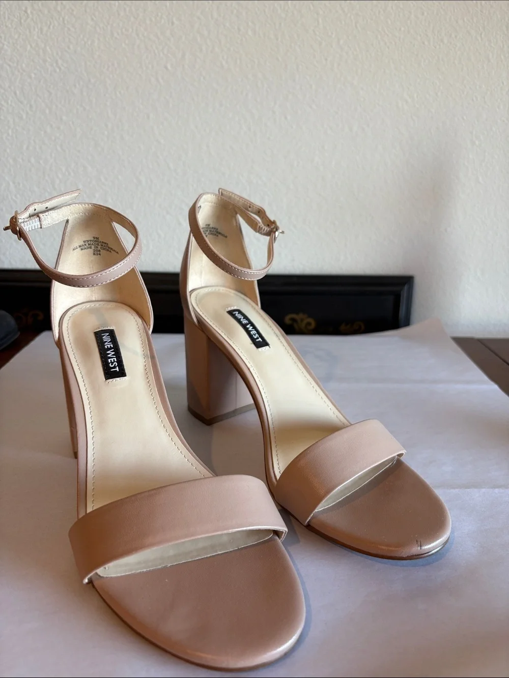 Nine West Beige Block Heel Sandals with Ankle Strap